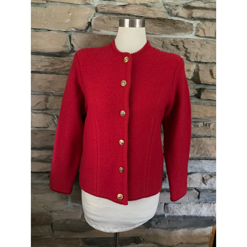 Tally-Ho Red 100% Wool Cardigan Jacket Gold Crest Buttons Vintage Women S